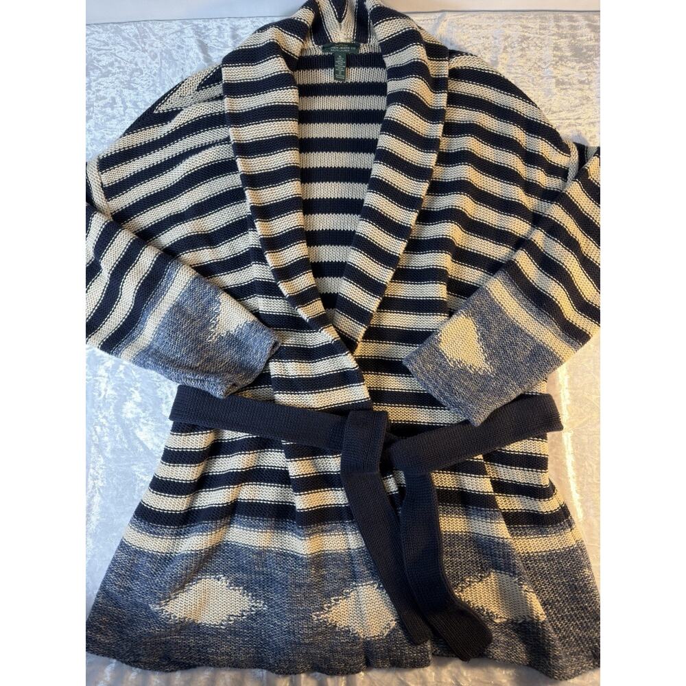 LRL LAUREN JEANS Women LINEN Blend Shawl Collar Blue Striped cardigan Aztec XL